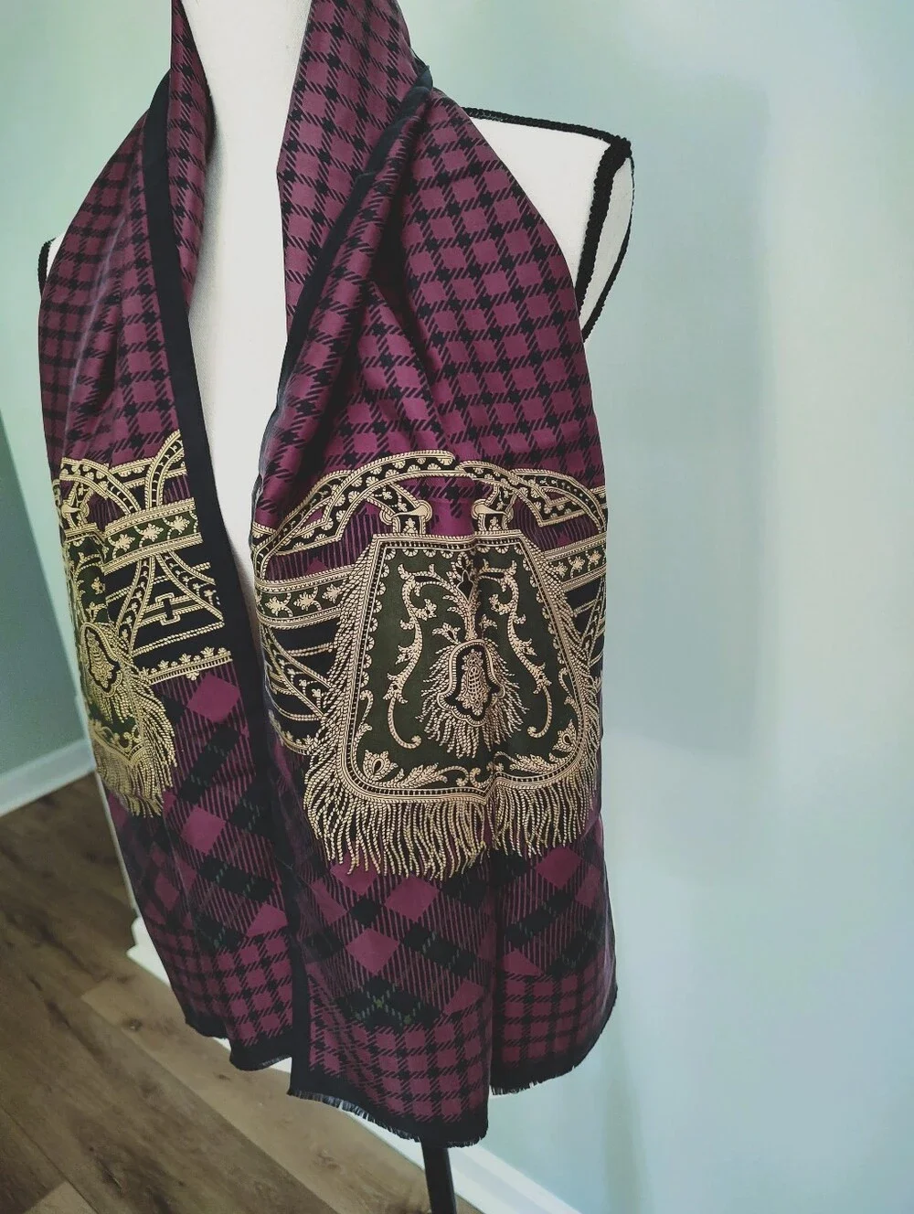 Vintage Talbots Japanese Silk Stole Scarf Scottish Fringe Style Check 90s